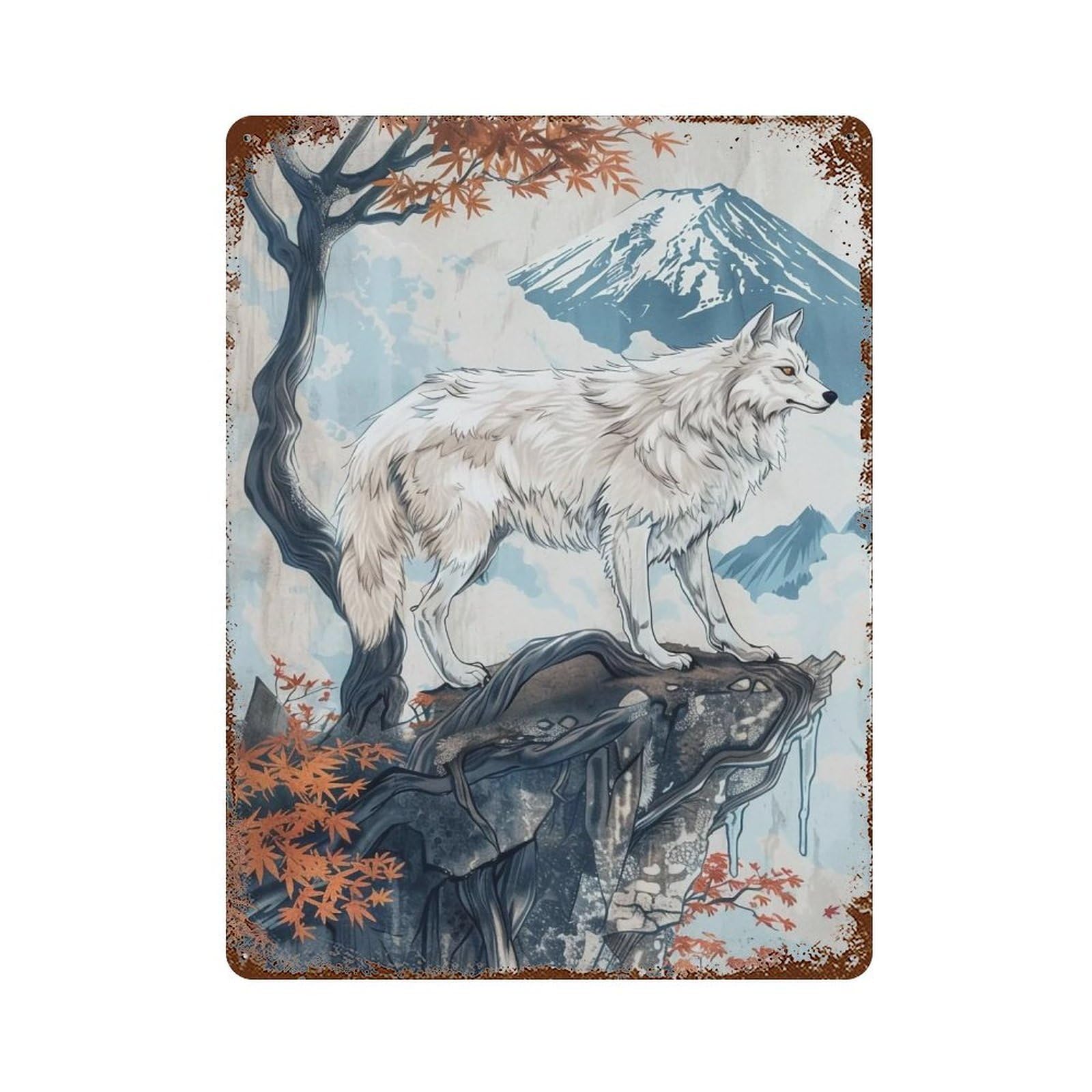 HDURYEYRYY White Timber Wolf Under Autumn Maple Fuji 04 Wall Retro Iron Vintage Art Metal Tin Sign Poster Modern Home Cofffee Club Art Bar Shop Decor 40x30cm