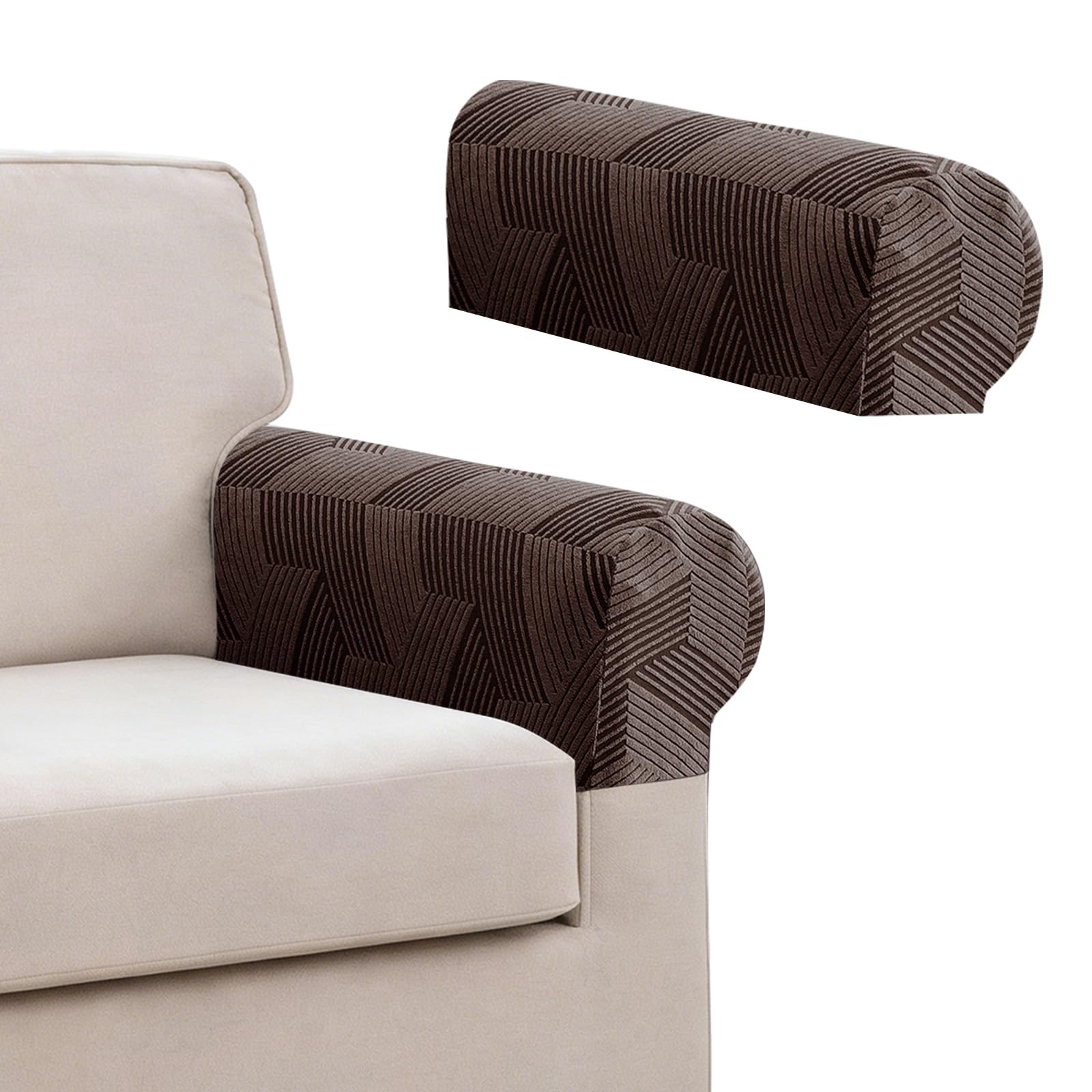 XINEAGE 2 Pcs Armchair Covers, Stretch Arm Rest Covers Non Slip,Washable Armrest Cover Protector for Sofa, Couch Feature Geometrical Jacquard Fabric,Brown