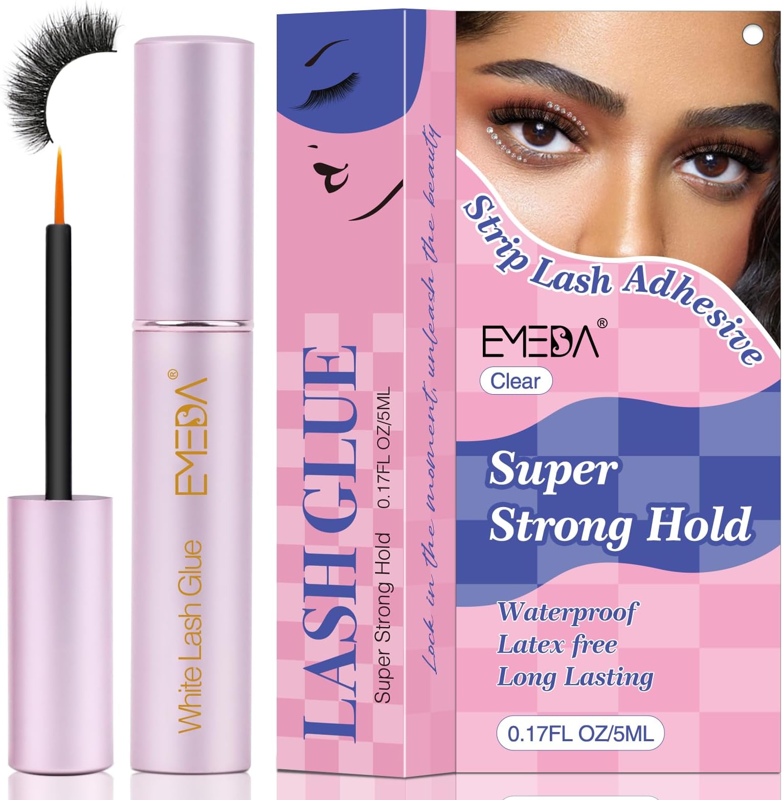 EMEDA False Eyelash Glue Super Strong Hold 24H Face Glue for Gems Glitter Makeup Clear Strong Hold Water Proof Latex Free Long Lasing Quick Dry Pegamento De Pestaas White Strip Adhesive 5ml 0.17oz