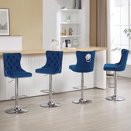 Miniatura 9 de Orirsnug Juego de 2 taburetes de bar modernos con respaldo copetudo con tirador de anillo, taburetes altos giratorios ajustables de terciopelo con