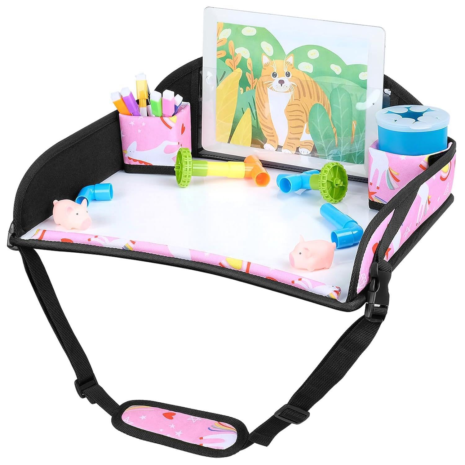 INFANZIA Reisetisch Kindersitz für Kinder - Knietablett, Snack Tablett, Kindersitz Rücksitz für Auto Flugzeug Zug Reisen - Unterstützung, Faltbarer Organizer (Schwarz)