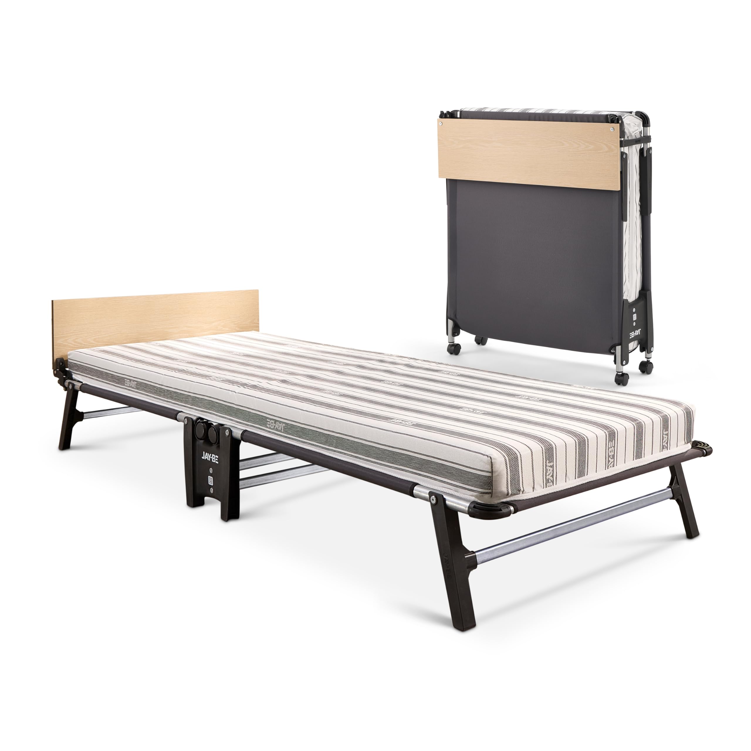 JAY-BE QE80 Quick Folding Bed with Comfort Mattress, Single, Roll-Away Guest Bed, 360° Castors, Anti-Tip Legs, Steel Frame Supports 160kg, Slim Foldaway Design Only 26cm Width Folded (Single)
