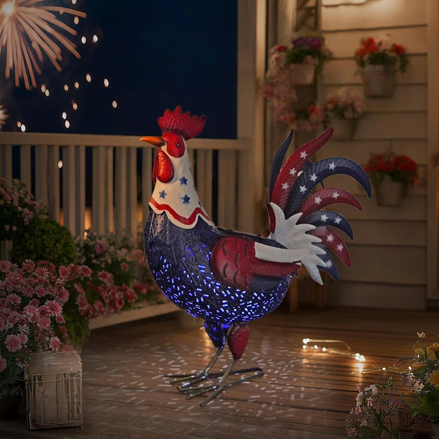 LIFFY Metal Rooster Yard Decor,18" Solar Chicken Outdoor Garden Statues with Patriotic Flag Design,Farm Animal Figurines Decorative Ornament Outside for Patio Backyard Lawn,Gifts for Chicken Lover