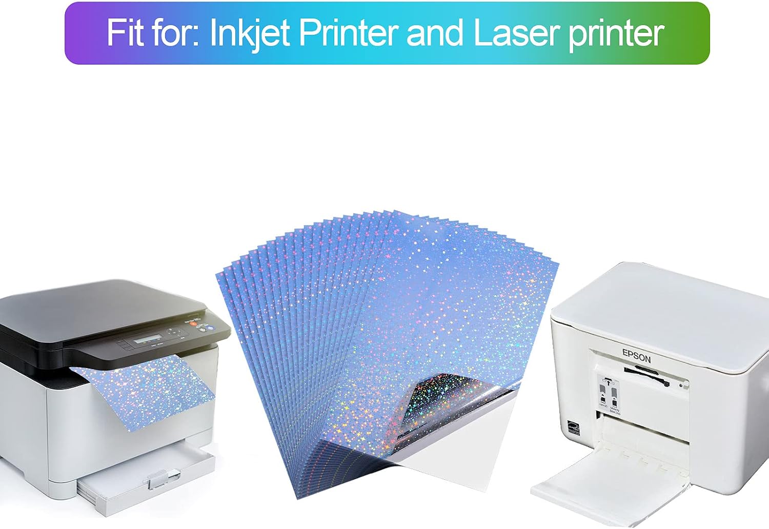 20 Sheets Holographic Printable Vinyl Sticker Paper A4 Size Rainbow Printable Paper for Inkjet and Laser printers, 8.25 x 11.7 Inch (Star)