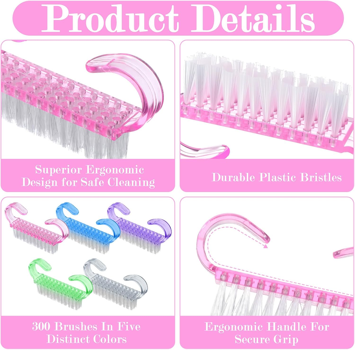 300 Pcs Handle Grip Nail Brush Bulk, 5-Color Nail Scrub Brushes for Toes and Fingernails Cleaner, Pedicure & Manicure Scrubbing Kit for Men and Women
