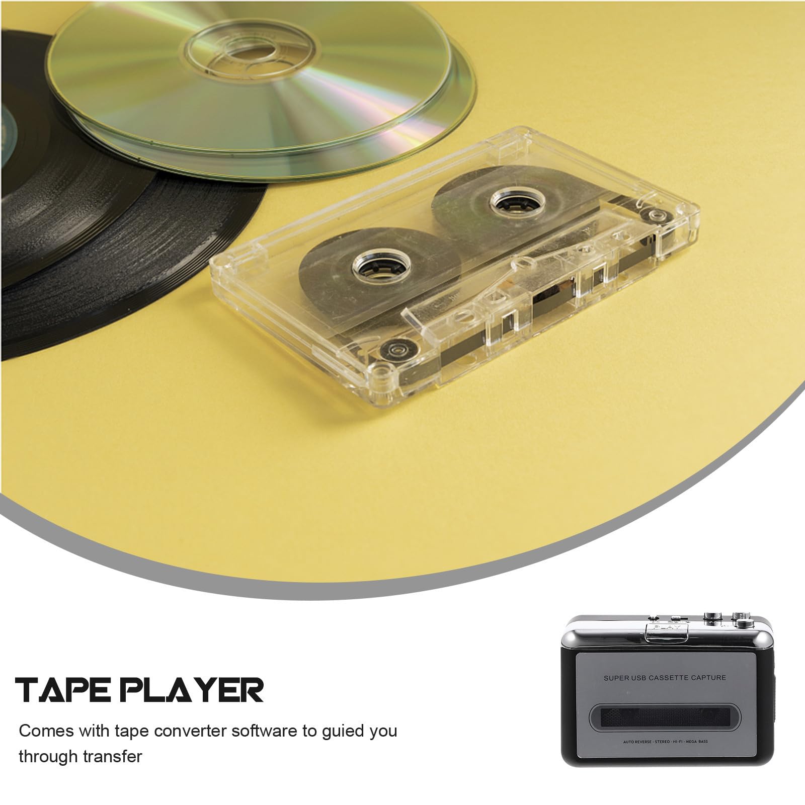 Convertitore Cassette USB Portatile Argento Design Compatto in Metallo e Plastica, Software per Conversione Cassette in Mp3 per Ascolto e Digitalizzazione Audio