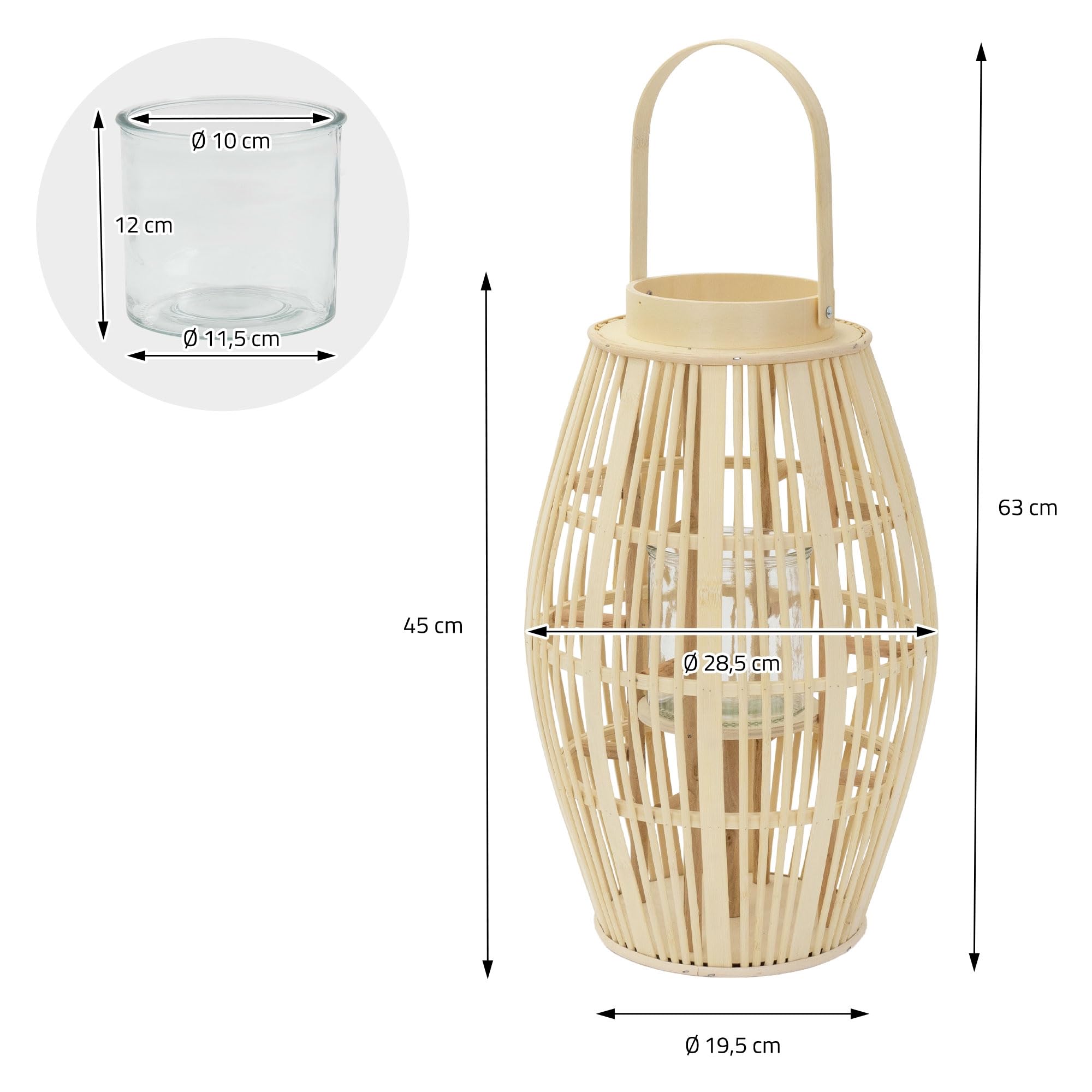 ECD Germany Latarnia Bambusowa Ogrodowa 63 cm Lampion Dekoracyjny Boho z Uchwytem i Szklanym Wkladem Swiecznik na Taras Balkon do Ogrodu i Salonu do Wnetrz na Zewnatrz Kolor Naturalny Styl Pleciony