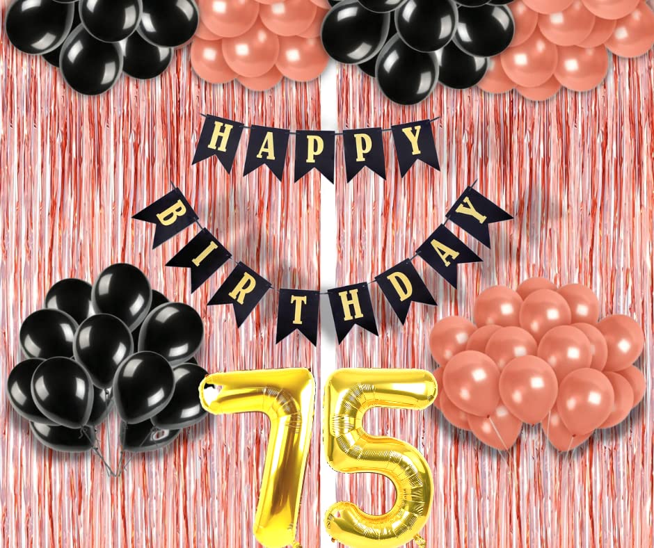 Image of 75th Birthday Decoration items for Girls with Black and Rose Gold Balloons, Black Happy Birthday Banner, Rose Gold Foil Curtain, Foil Balloon number 75