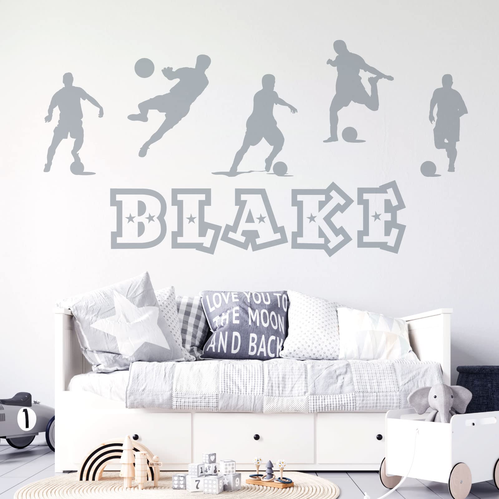 Personalised Name Boys Wall Art Sticker - Football, Soccer Game Silhouettes Theme [Large] [Silver]