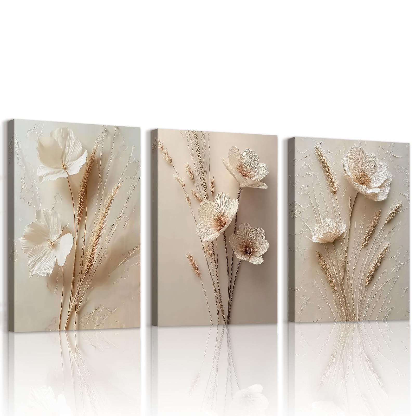 WENGTIAO Set of 3 Beige White Floral Canvas Wall Art Prints Framed Pictures