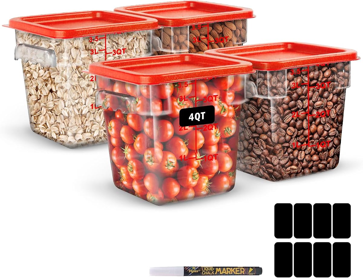 4Qt NSF Food Storage Containers with Lid - 4pcs Food Grade/Heat Resistant/Freezer Safe/Clear Square Food Storage Containers Set with Scale Handles for Restaurant Home Kitchen Bread Proofing, w/ Labels