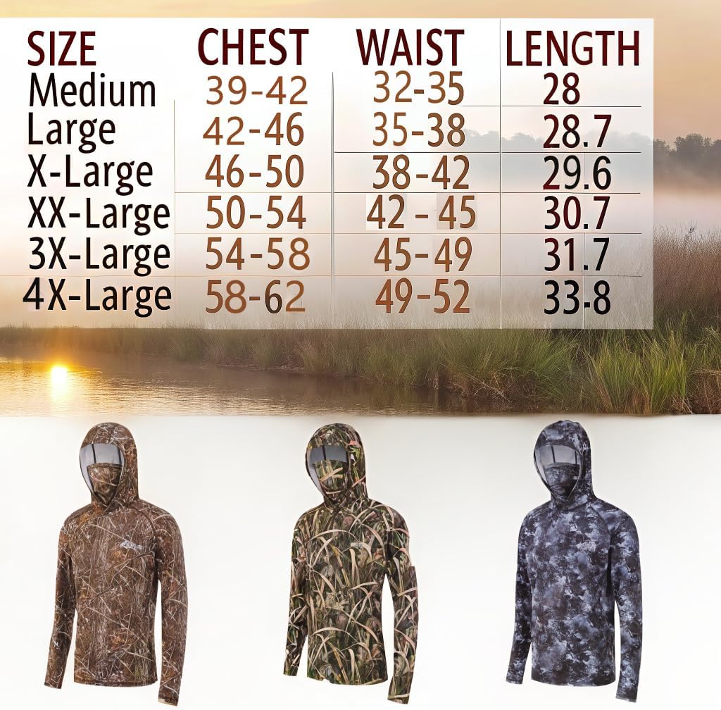 UPF 50+ Sun Protection Long Sleeves Hunting & Fishing Shirts for men, Camo Hoodie with Built-In Face Mask