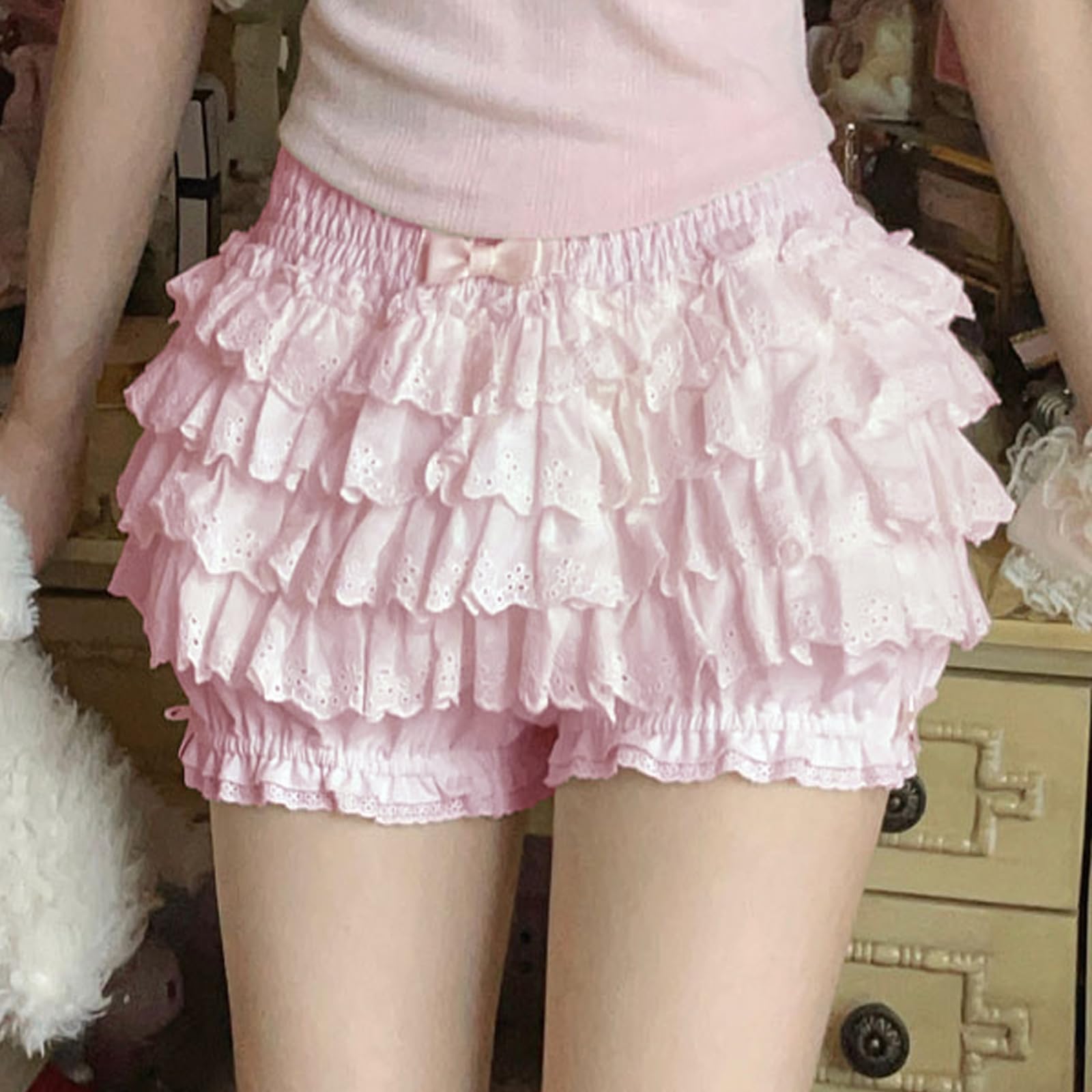 Women Y2k Lolita Bloomers Fairy Grunge Pumpkin Short Pants Ruffle Layered Lace Trim Booty Shorts Pettipants (Light Pink, L)