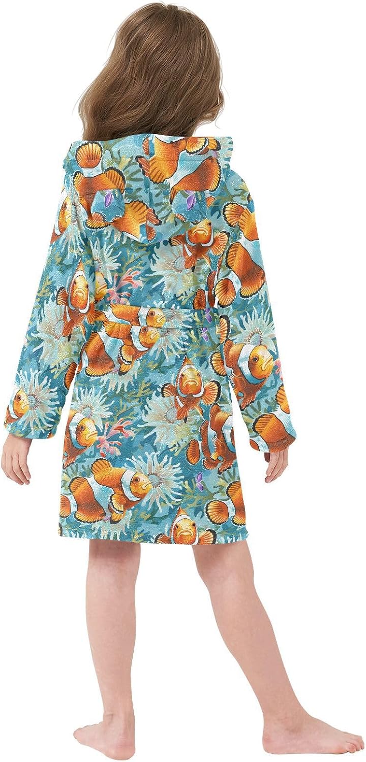 senya Colorful Coral Fishes Toddler Hooded Bathrobe Kids Soft Plush Bath Towel Robes for Boys Girls 2-12 Years