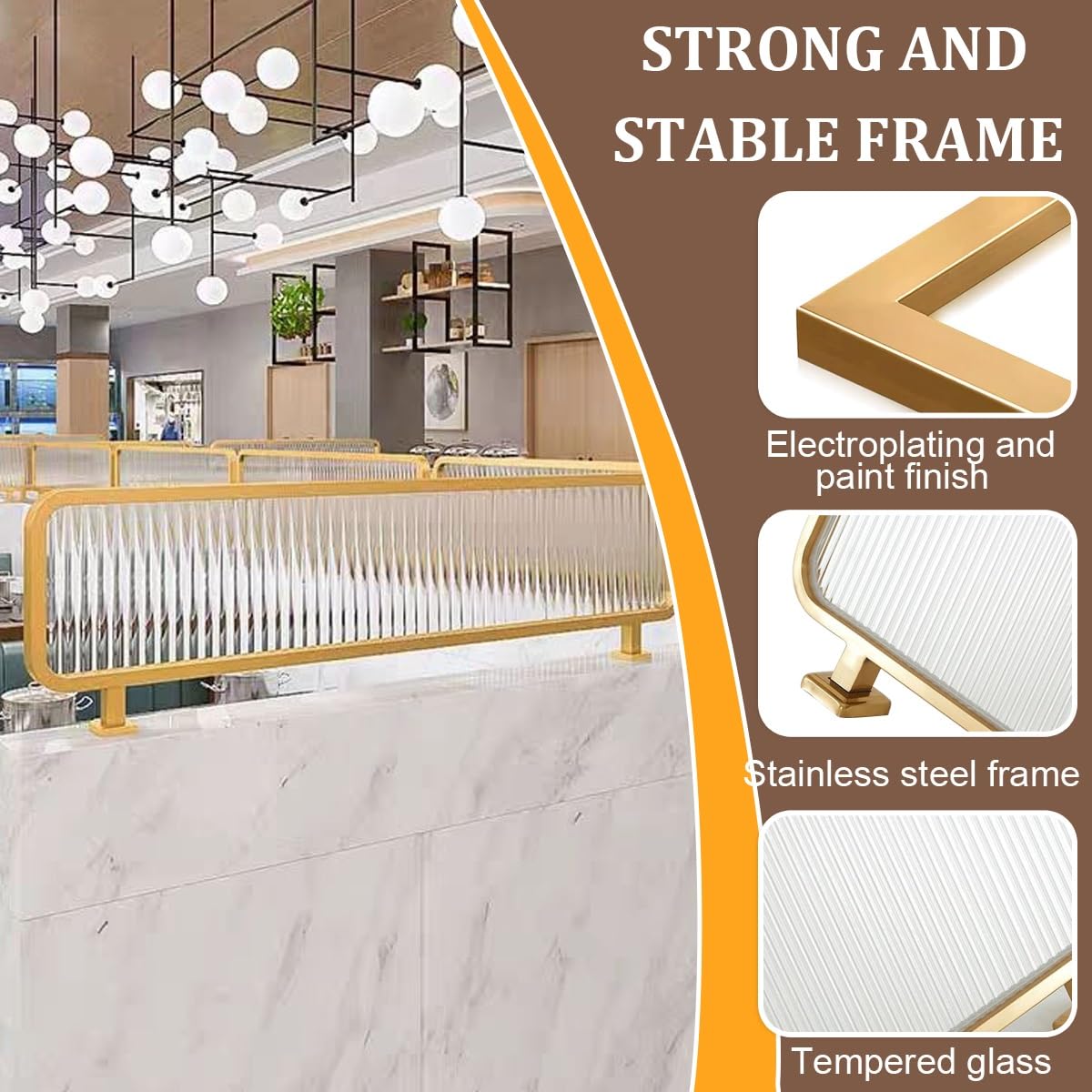 Countertop Privacy Partition for Dining, Striped Matte Glass Restaurant Decorative Partitions, for Offices Braries Classrooms Library Restaurant(Gold,80cm/31.4in)