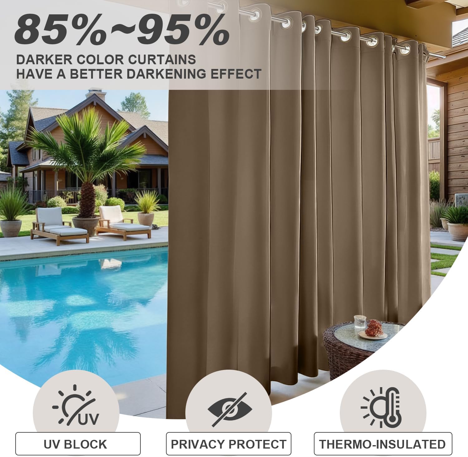 BLISSWALK Outdoor Patio Curtains Waterproof - Darkening Thermal Insulated Curtains for Porch, Pergola, Cabana - Sunproof Blackout Drapes with Rust Proof Grommets, Set of 2 Panels,Brown