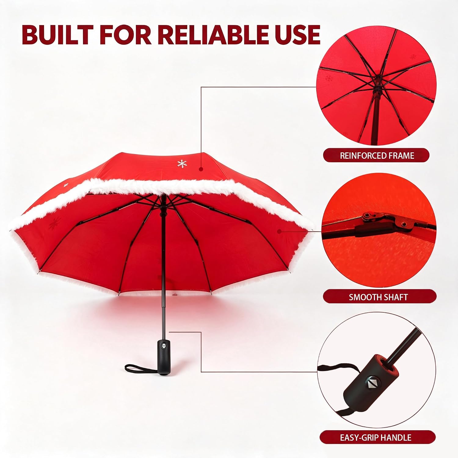 Christmas Automatic Folding Umbrella with Fur Trim & Snowflake Appliques image 4