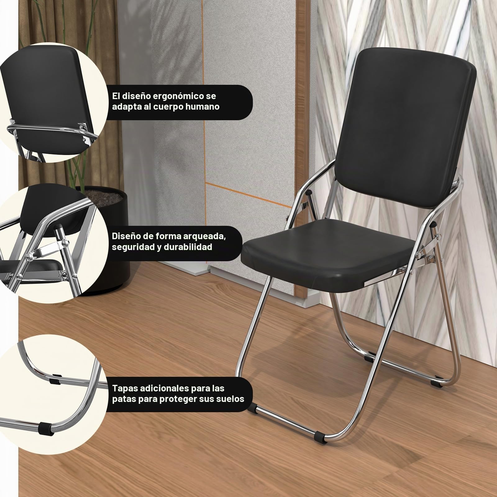 Silla Plegable de Metal Piel Sintética con Asiento y Respaldo Tapizado Sillón Sillas Plegables para el Hogar, al Aire Libre, Cocina, Oficina, Silla Plegable Acolchada, Negro, 1 Pieza