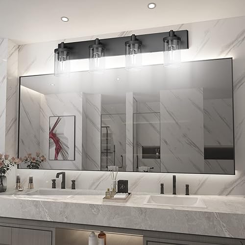 Miniatura 6 de Aipsun Lámpara de tocador de baño, 4 luces, color negro mate, con pantalla de vidrio transparente (no incluye bombilla)