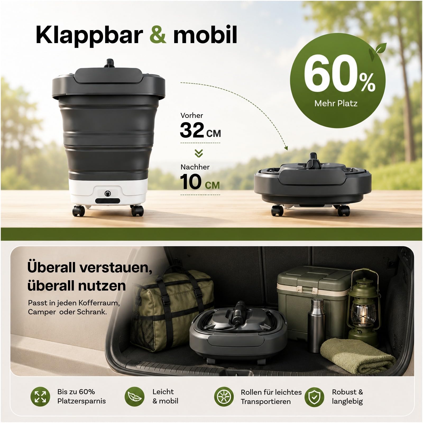 Faltbarer Tragbarer Hochdruckreiniger mit 12L Wassertank von WanderS – Kabelloser Akku Druckreiniger mit Rädern, 4-in-1 Düse & Elektrischer Sprühfunktion – Auto, Camping, Garten, Haustiere & Zuhause