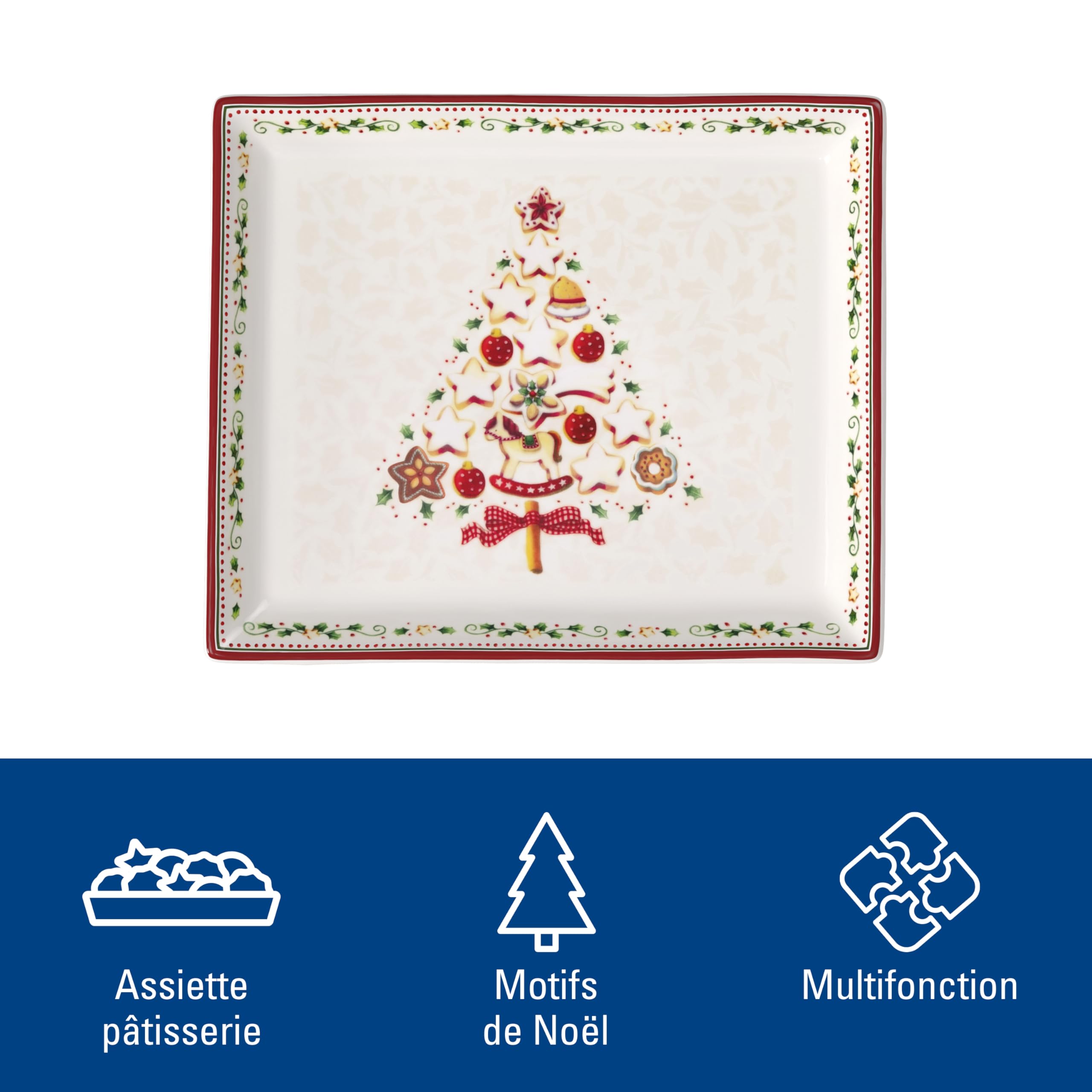 Villeroy & Boch Winter Bakery Delight Petit plat de service rectangle pour pâtisseries, Porcelaine Premium, Blanc/Rouge/Beige