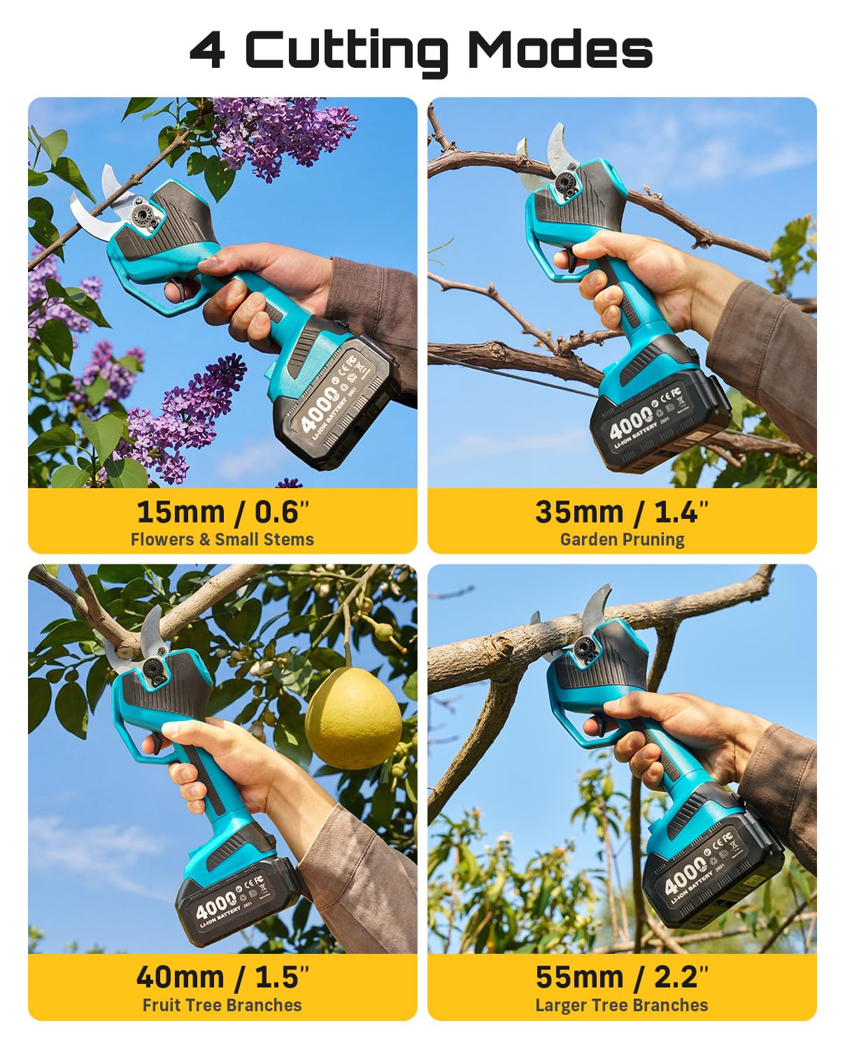 SEESII Tijeras de podar eléctricas con batería de 55 mm con luz LED, 2 baterías de 4000 mAh, hoja SK5, motor sin escobillas, pantalla LCD, para huertos, paisajismo y jardinería profesional