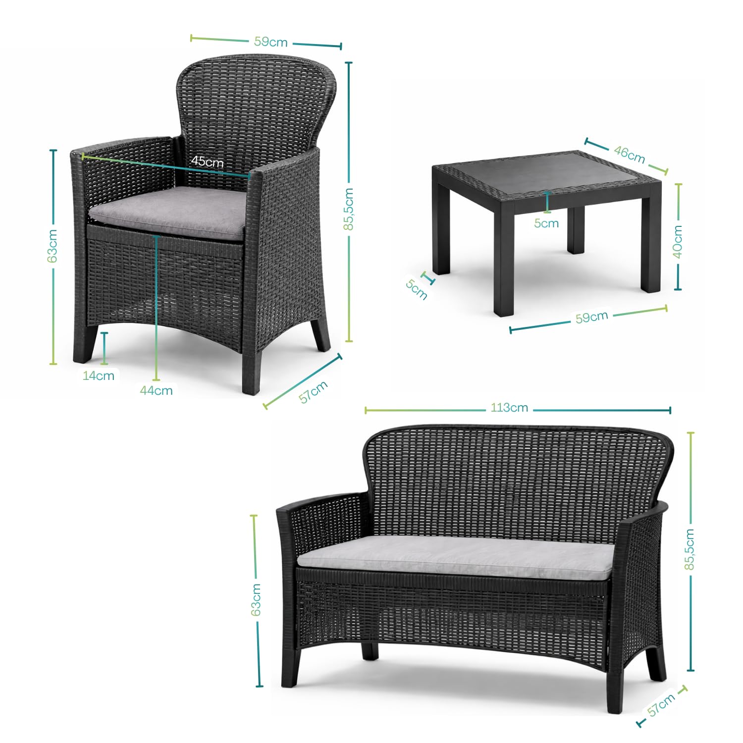 VIRSUS Set Salottino da Giardino per 4 Persone, Composto da: 2 Poltrone, 1 Divano a 2 Posti e 1 Tavolino, Cuscini per comoda Seduta, Design Rattan di colore Antracite, Interno ed Esterno -JUN6043F