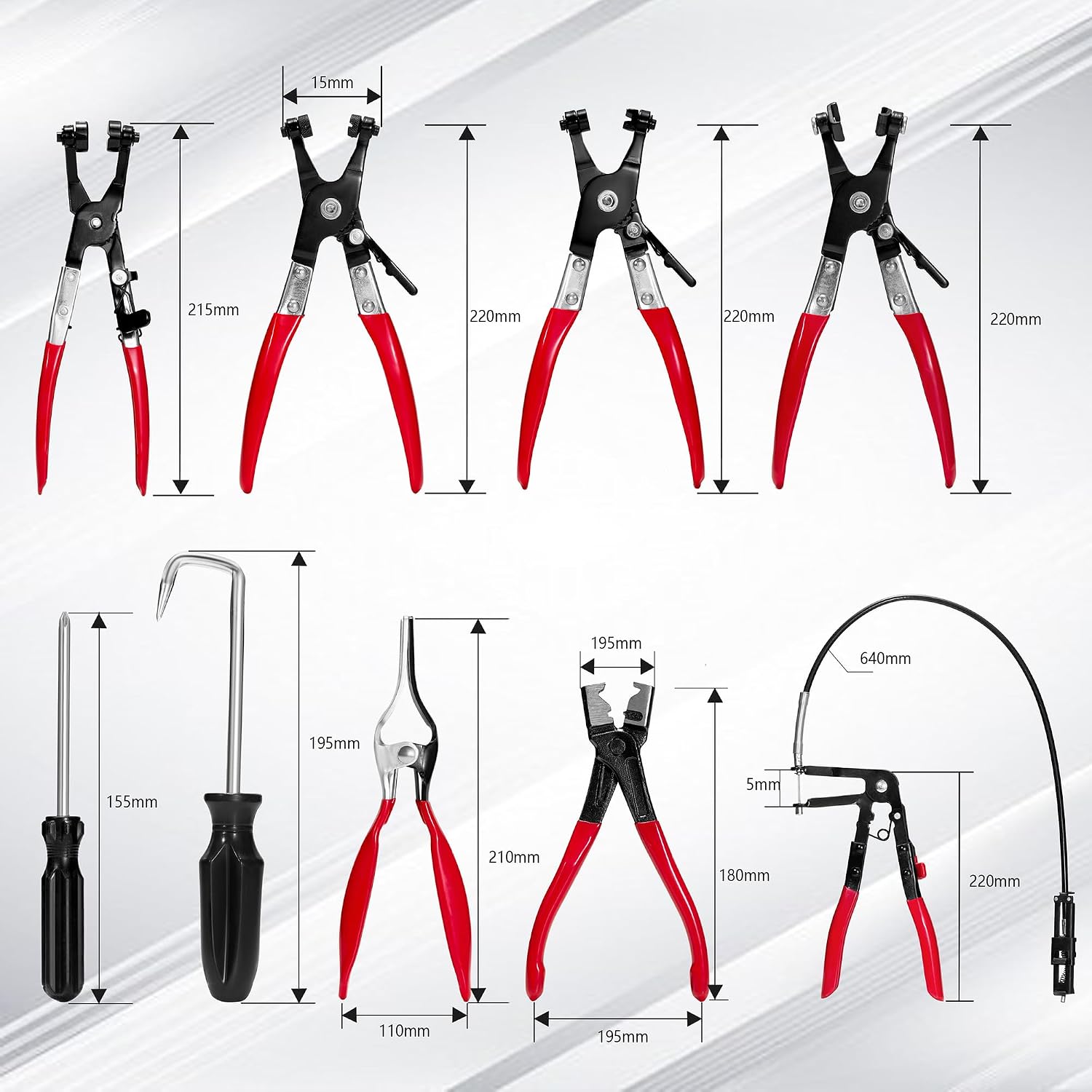 9-Piece Hose Clamp Pliers Set for Fuel Line Disconnect Tool & Water Hoses, Automotive Long Reach Hose Clamp Remover Kit with Flexible Wire Clic-R Type Swivel Jaw Flat Band Pliers