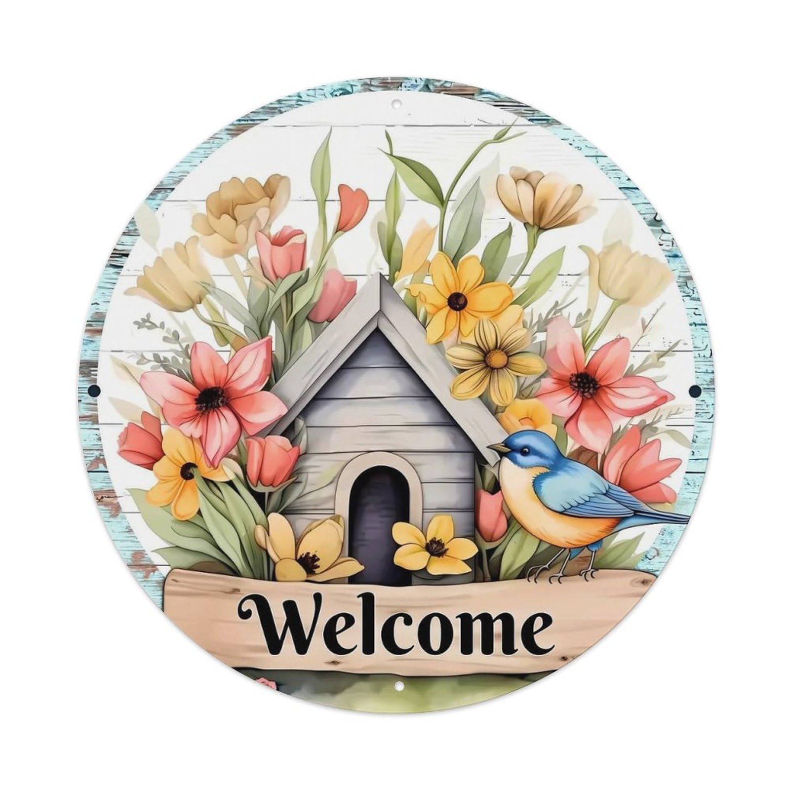 Floral Birdhouse Welcome Sign Art Tin Sign Metal Poster Vintage Metal Signs for Home Man Cave Bar Cafe Kitchen laundry room Wall Decorations Gift 8x8Inch