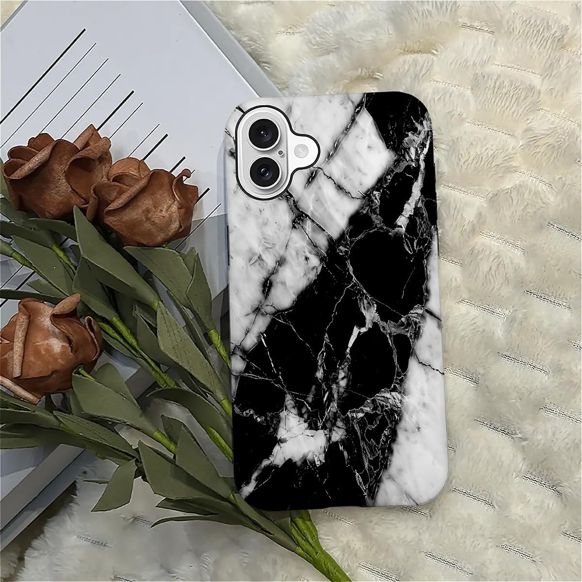 Compatible with iPhone 16 Matte Case, Black and White Marble Pattern for Girl Full Body Design Soft Silicone Drop Shock Scratch Protection - Image 5