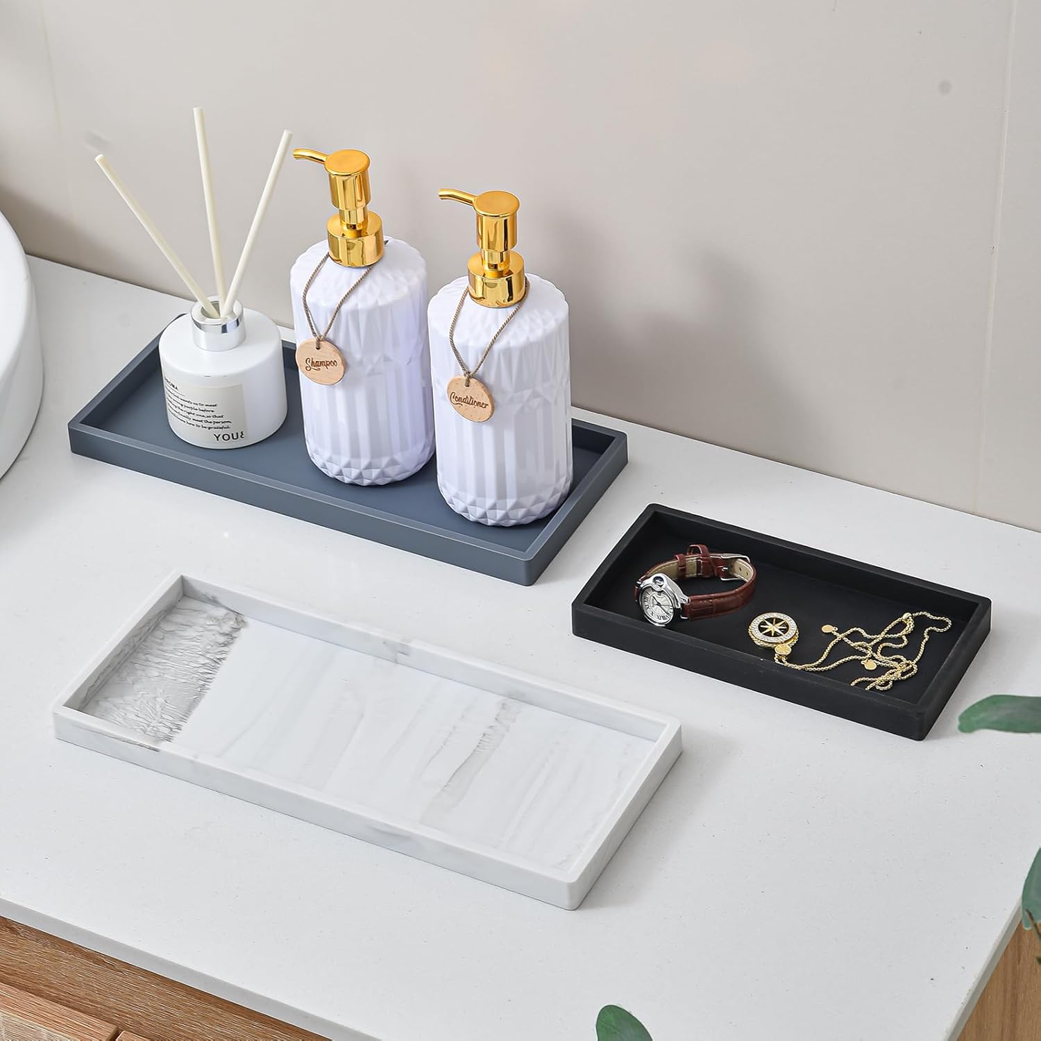 2PCS 11.8” L x 5” W Silicone Soap Dispenser Tray, Bathroom Sink Vanity Trays for Dresser Tops, Toilet, Small Black Tray for Scrubber, Lotion Bottles, Perfume, Jewelry, Candle, Key Trinket Ring-Black - Image 5