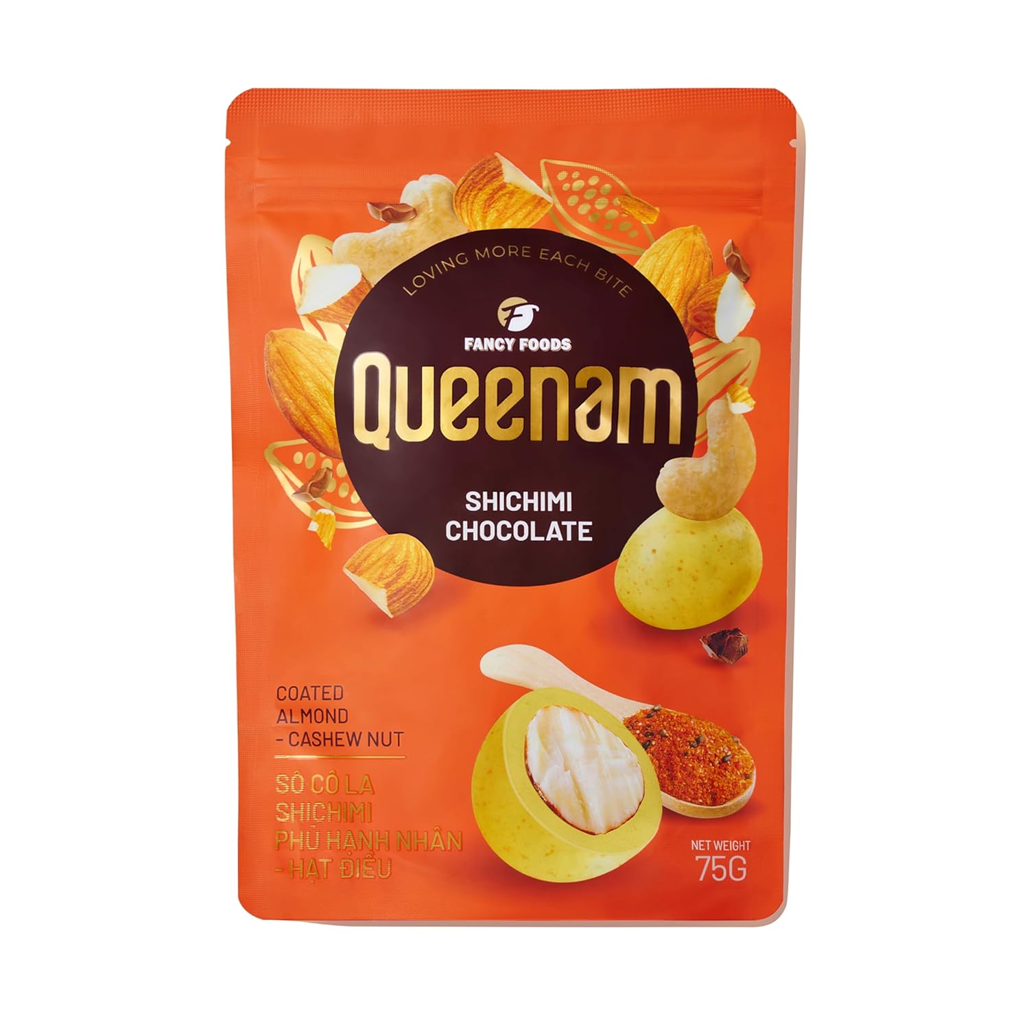 Queenam Premium Vietnamese Chocolate Flavored Nuts – Natural Fruit Flavor Healthy Snack with Almond, Macadamia & Cashew – 75g Bag (8 Signature Flavors)