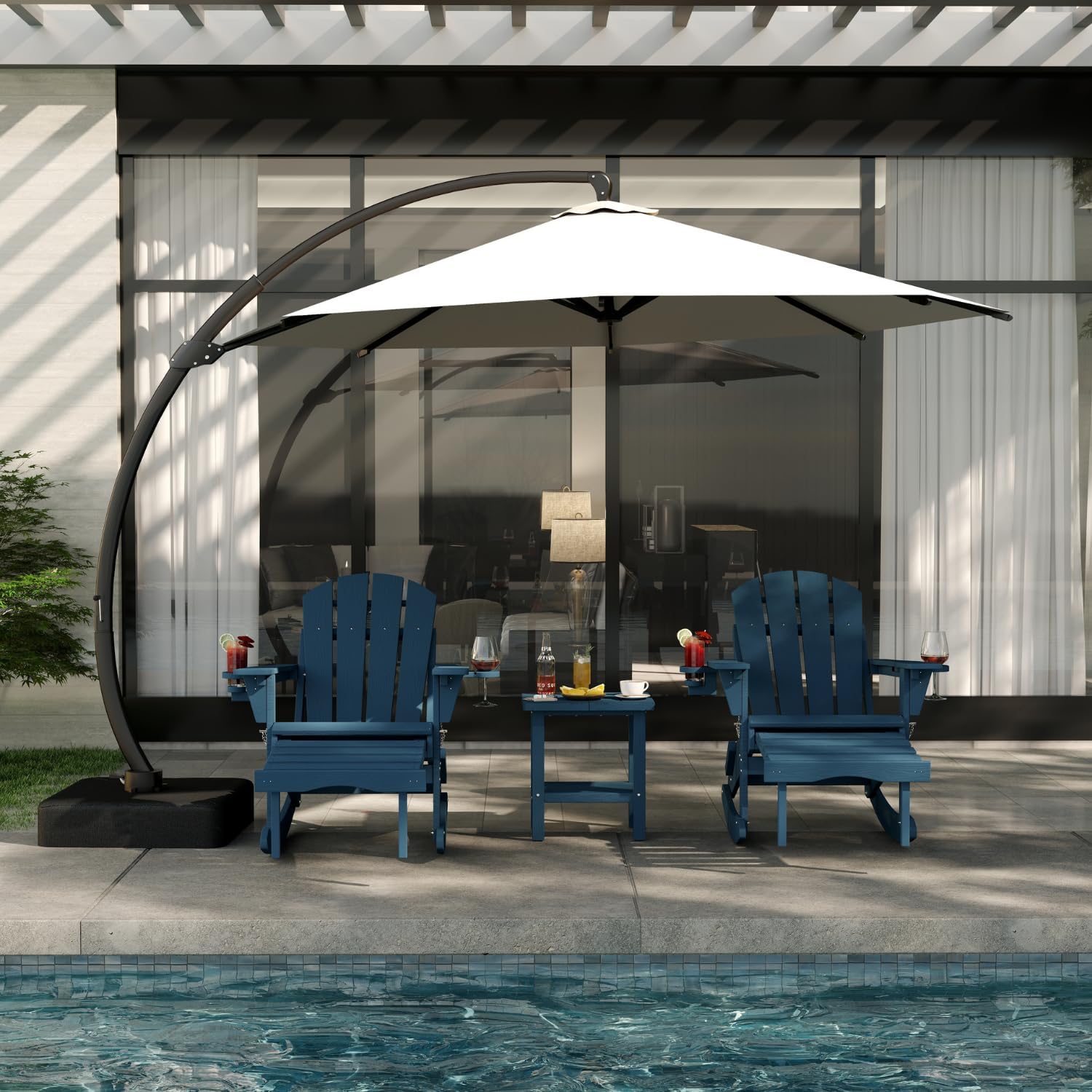Folding Adirondack Rocking Chair, HDPE All-Weather Rocker with Retractable Ottoman & Cup Holders, Outdoor Chair for Porch, Deck, Garden, Backyard (Navy Blue)