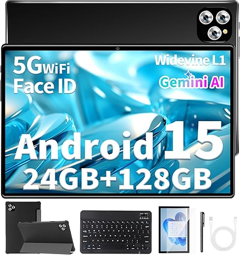 10 inch Android 15 Tablet with Keyboard - 24GB(4+20) RAM+128GB ROM(1TB Expand), 2-in-1 Tablets with 8-Core, 7200mAh, 5G WiFi, Widevine L1, GMS, with Case, Keyboard, Stylus