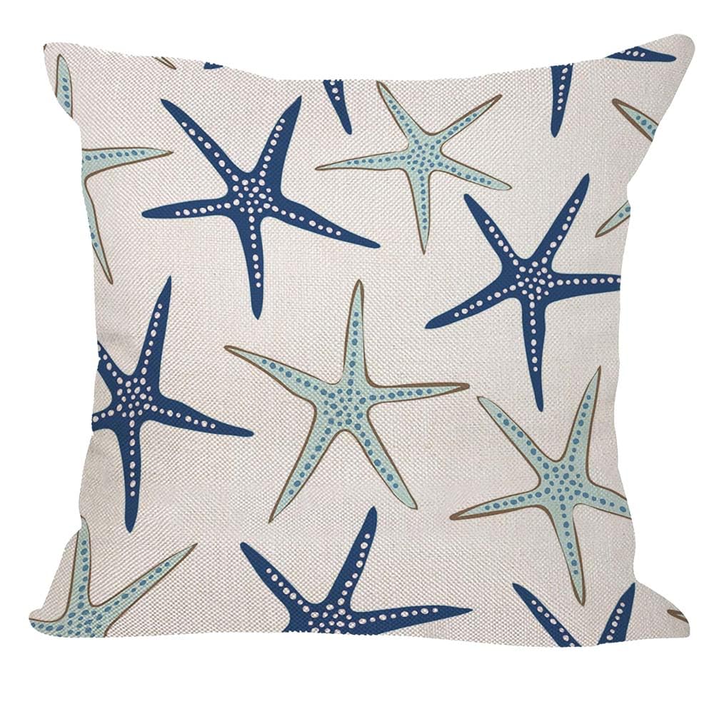 Orythyra Cushion Cover 45x45cm Navy Blue and Turquoise Starfish Cotton Linen Pillow Cover Decorative Throw Pillows Farmhouse Decor for Home Cushion Case 18x18 Inch