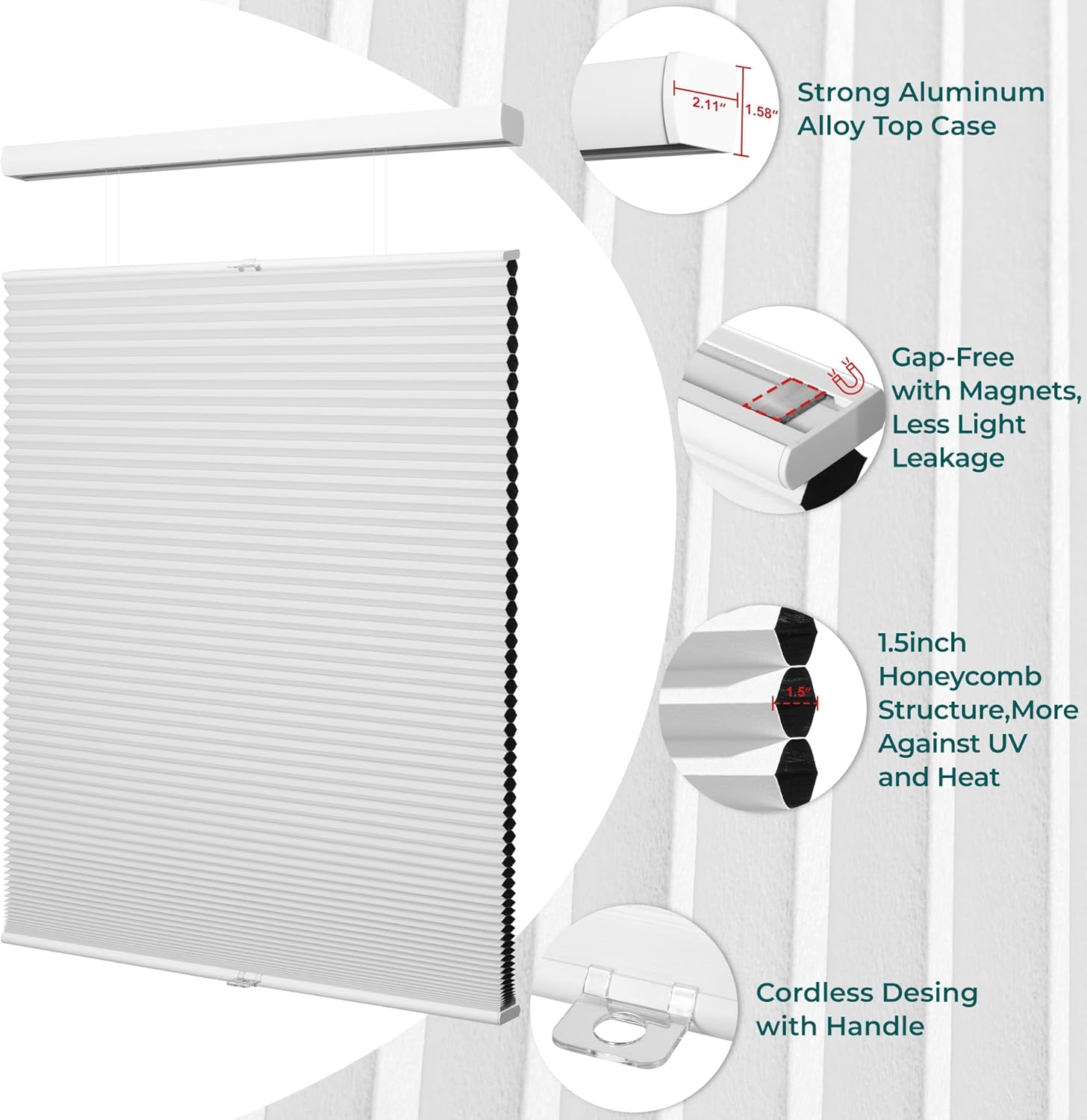 BERISSA Top Down Bottom Up Shades Magnets Cellular Shades Blackout 38MM Thermal Insulated Noise Reduction Cordless Cellular Blinds for Indoor Windows Glass Door Honeycomb Shades(Custom Size) White