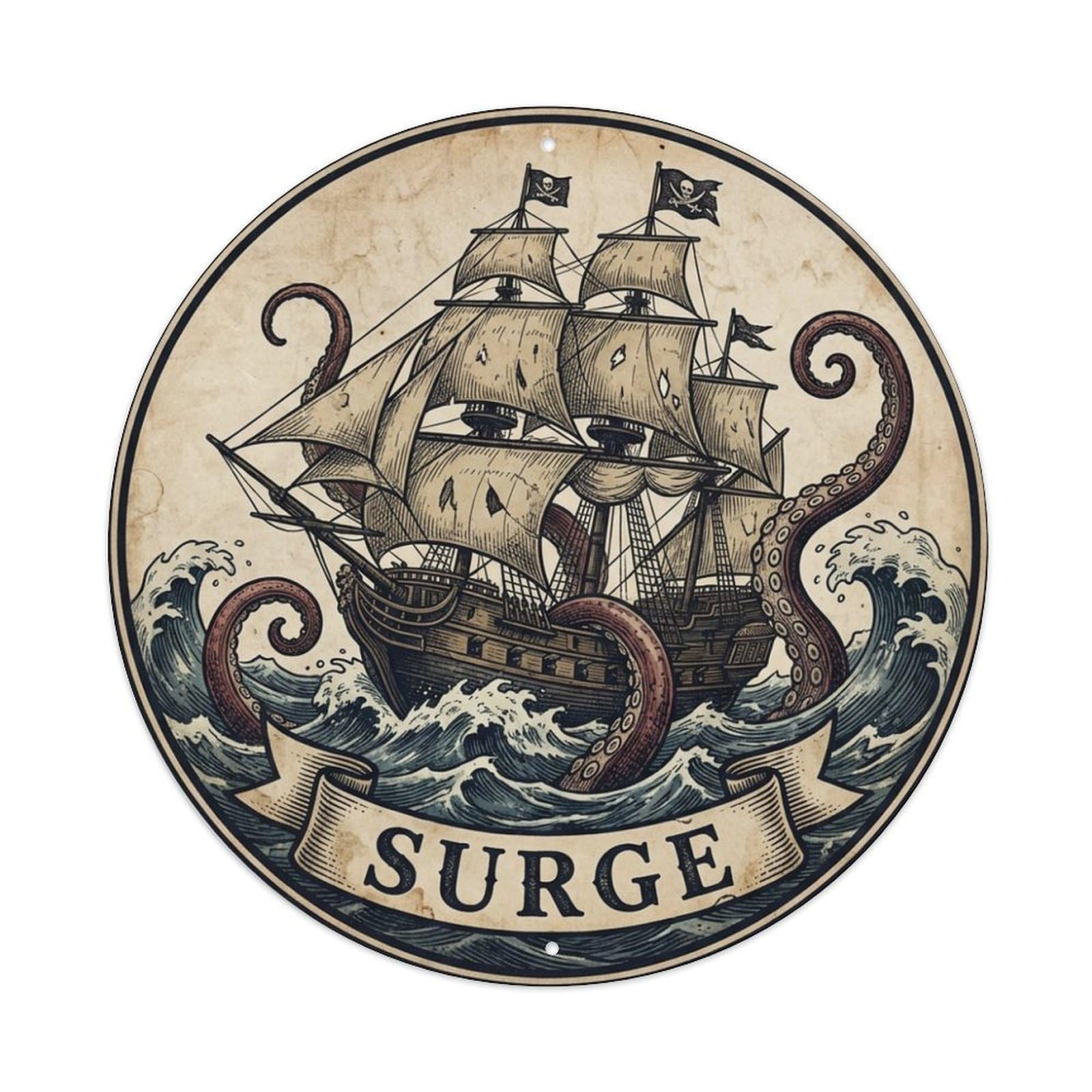 Surge Pirate Ship Octopus Waves Black Flag Metal Tin Sign