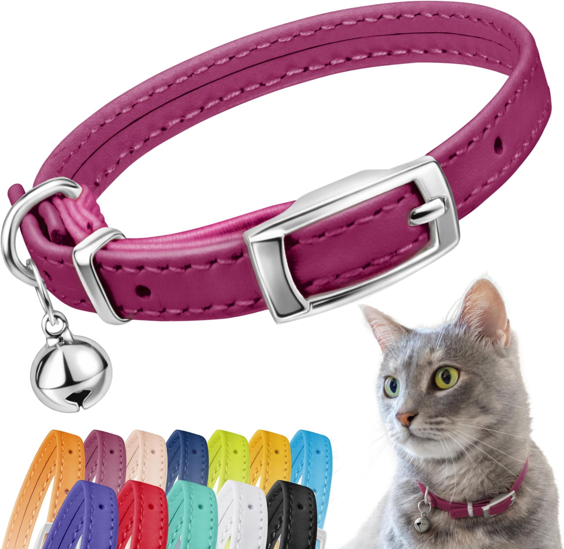 CollarDirect Leather Cat Collar with Removable Bell – Safety Elastic Strap (Breakaway Alternative) – Kitten Collar for Small & Big Boy & Girl Cats