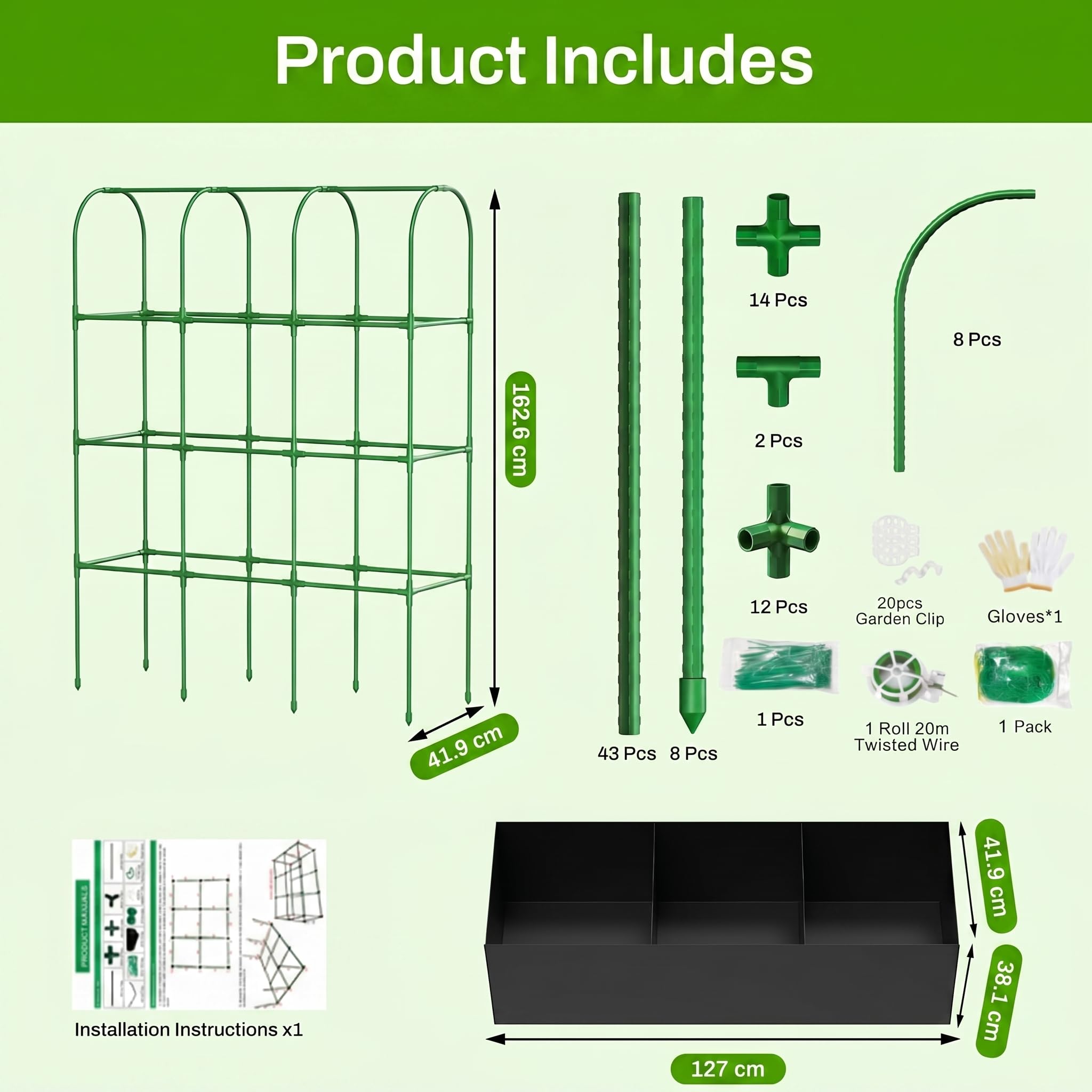Gurken Rankhilfe 127 x 162cm mit Pflanztasche, 2-in-1 Rankhilfe für Gurken & Tomaten, Höhenverstellbares Tomatenkäfig mit atmungsaktiver Stoffplanter für Garten, Balkon & Terrasse