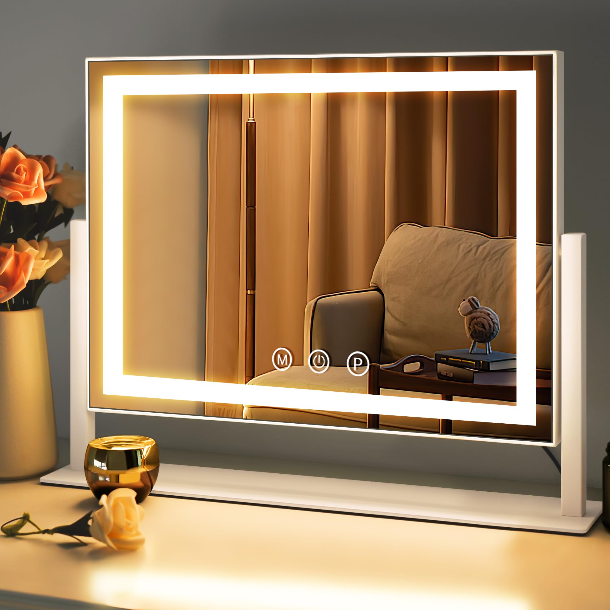 LuxeVue Espejo de Maquillaje con Luces, Espejo de Tocador con 3 Modos de Iluminación, Espejo con Luz, Sensor Táctil, Giratorio 360°, Marco de Metal, Regalo para Mujeres