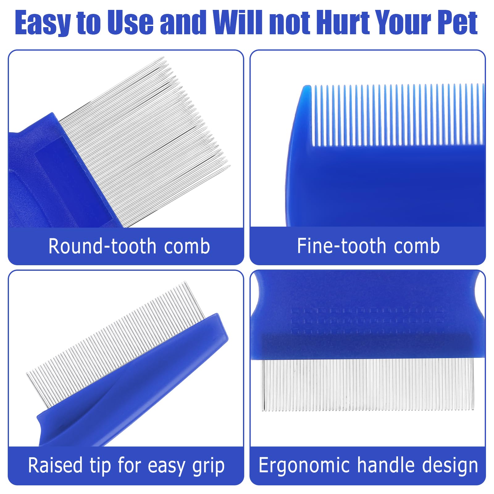 Molain Lot de 4 peignes anti-poux en métal pour chat et chien - Peigne anti-puces en plastique double face - Peigne anti-poux en acier inoxydable - Peigne à poux en métal - Bleu