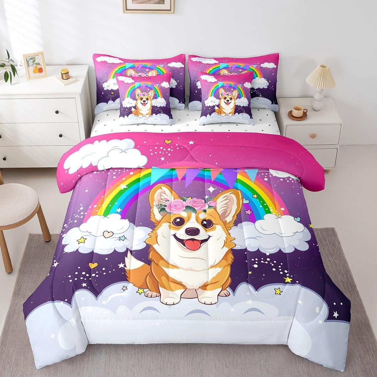 Erosebridal Galaxy Comforter Set for Kids,Kawaii Sloth Twin Bed in A Bag Girls Rainbow Striped Clouds Stars Bedding Sets,(1 Comforter,2 Pillowcases,1 Flat Sheet,1 Fitted Sheet,2 Throw Pillow Covers)