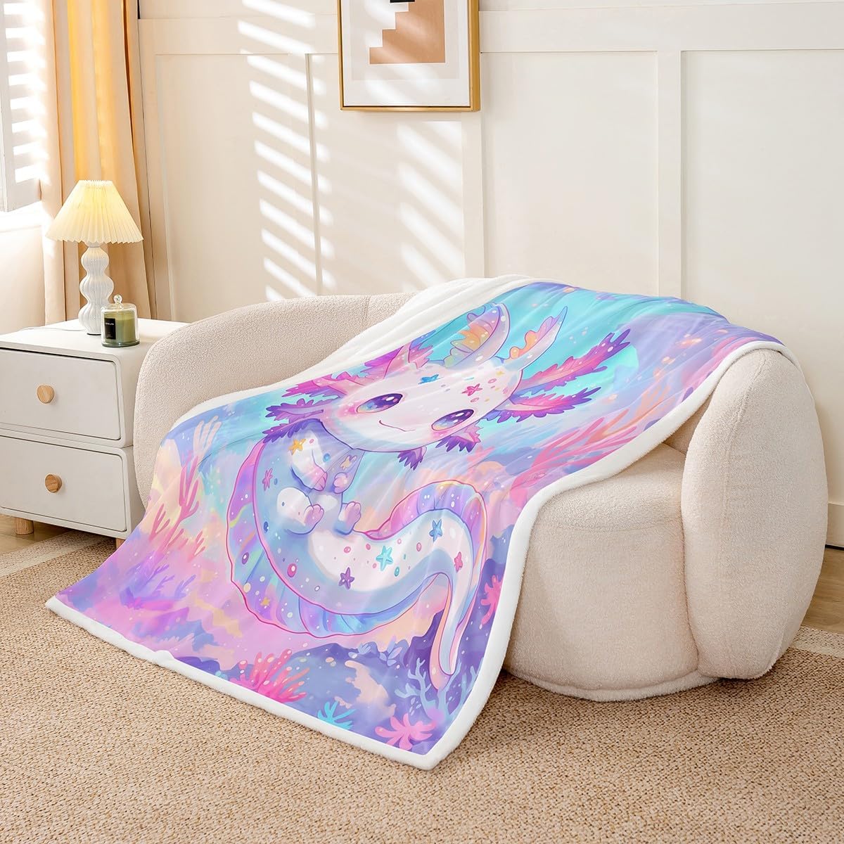 jejeloiu Cute Axolotl Sherpa Blanket Purple Axolotl Fleece Throw Blanket for Kids Boys Girls Watercolor Cute Animal Decor for Livingroom Kawaii Animal Decor for Sofa Bed Couch,Throw 50x60 Inches - Image 3