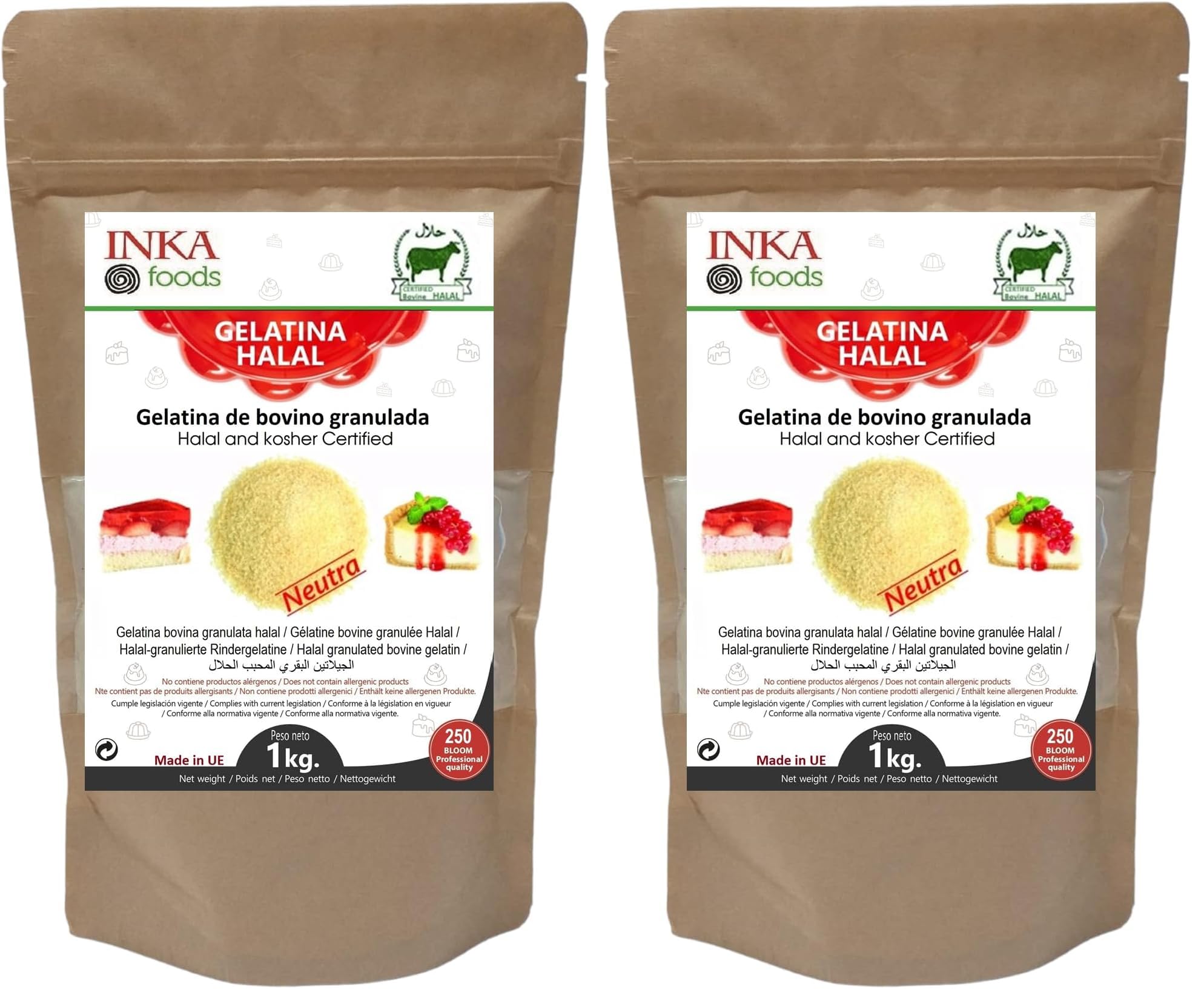 Gelatina granulado HALAL, 250 bloom, sabor neutro - 1kg (Paquete de 2)