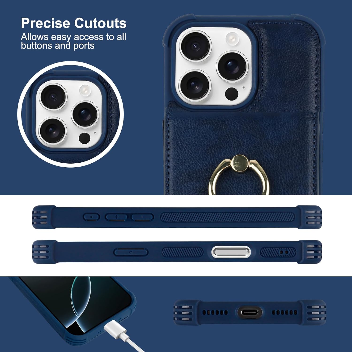 VANAVAGY Compatible for iPhone 16 Pro Wallet Case with Credit Card Holder Coin Pocket [360° Rotation Ring Kickstand], PU Leather Magnetic Clasp Flip Phone Cover for Women Men 6.3 Inch,Navy Blue