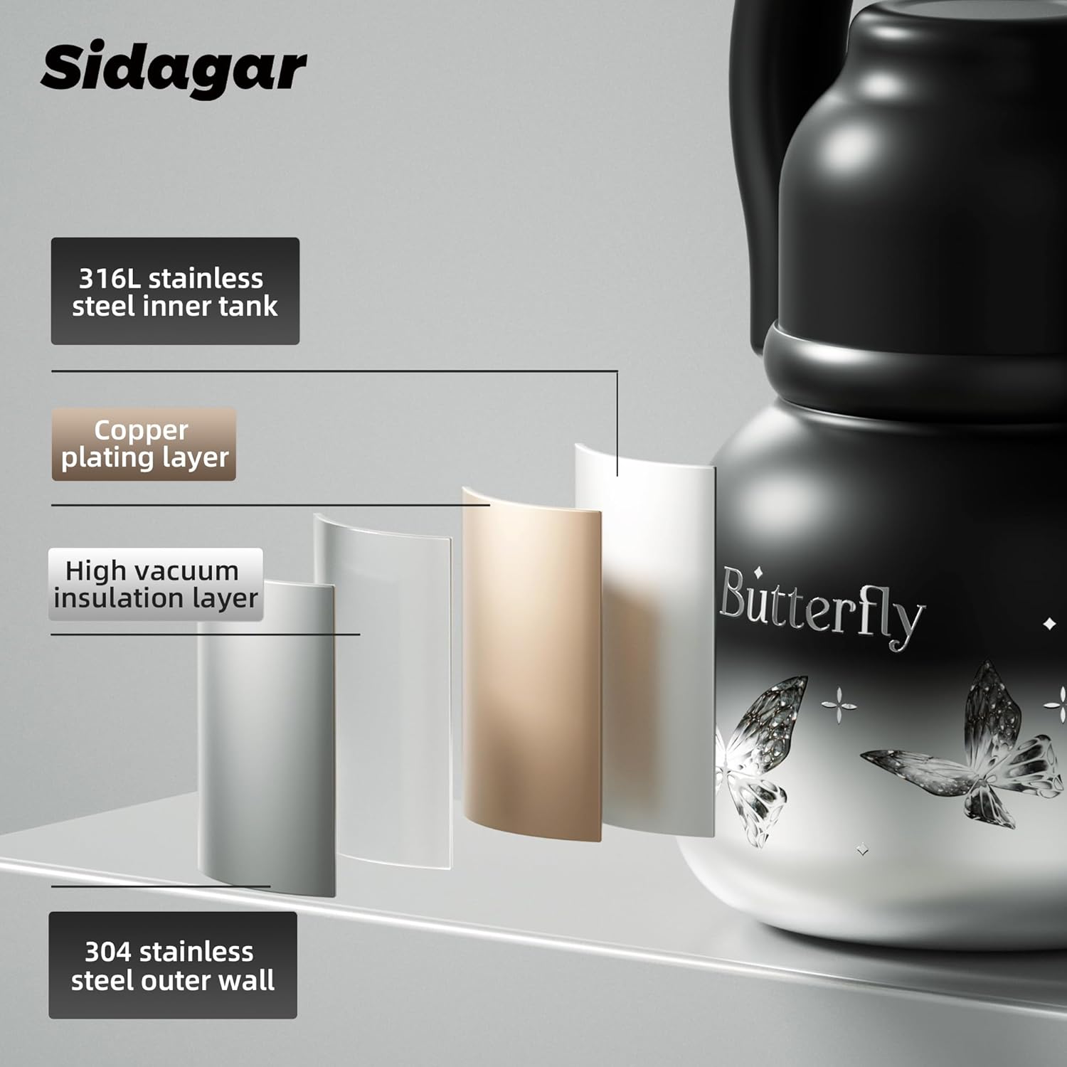 22 oz Water Bottle with Straw and Bowl, Wide Mouth Insulated Stainless Steel Tumbler, Travel Water Cup Drinks Flask for Women Easy Carry - Crystal Butterfly Silver - Image 7