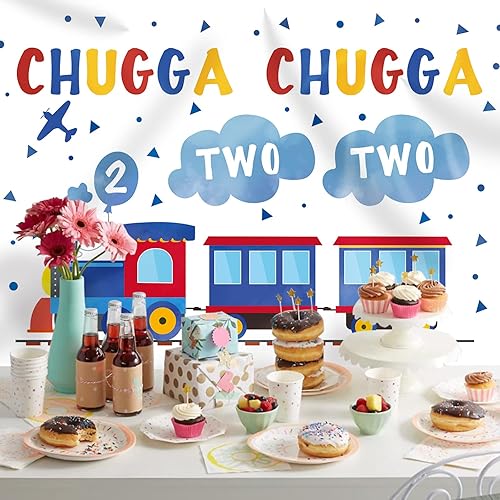 Miniatura 3 de Telón de fondo de feliz segundo cumpleaños de 7 x 5 pies, tren azul y rojo para niño, Chugga Chugga, dos dos nubes, plano de fotografía, fondo,