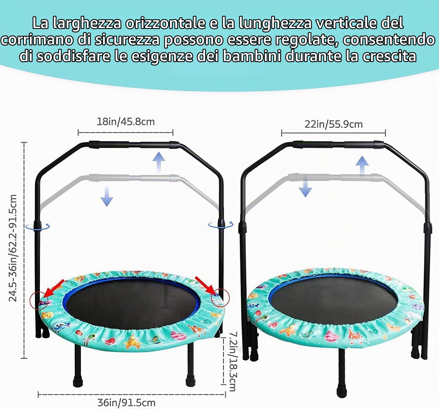 Trampolino per Bambini Ø92 cm,Pieghevole Tappeto Elastico Bambini da Esterno e da Interno,Capacità di Carico 60 KG,Mini Trampolino Con Corrimano Regolabile E Copertura Imbottita