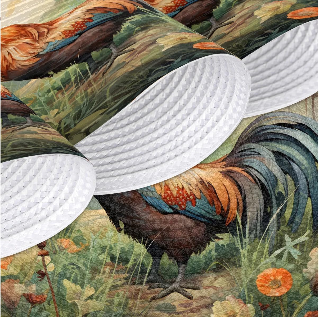Round Braided Placemats Set of 4 Beautiful Rooster Table Mats for Dining Tables 15 Inch Woven Heat Resistant Place Mats for Kitchen Dining Indoor Outdoor
