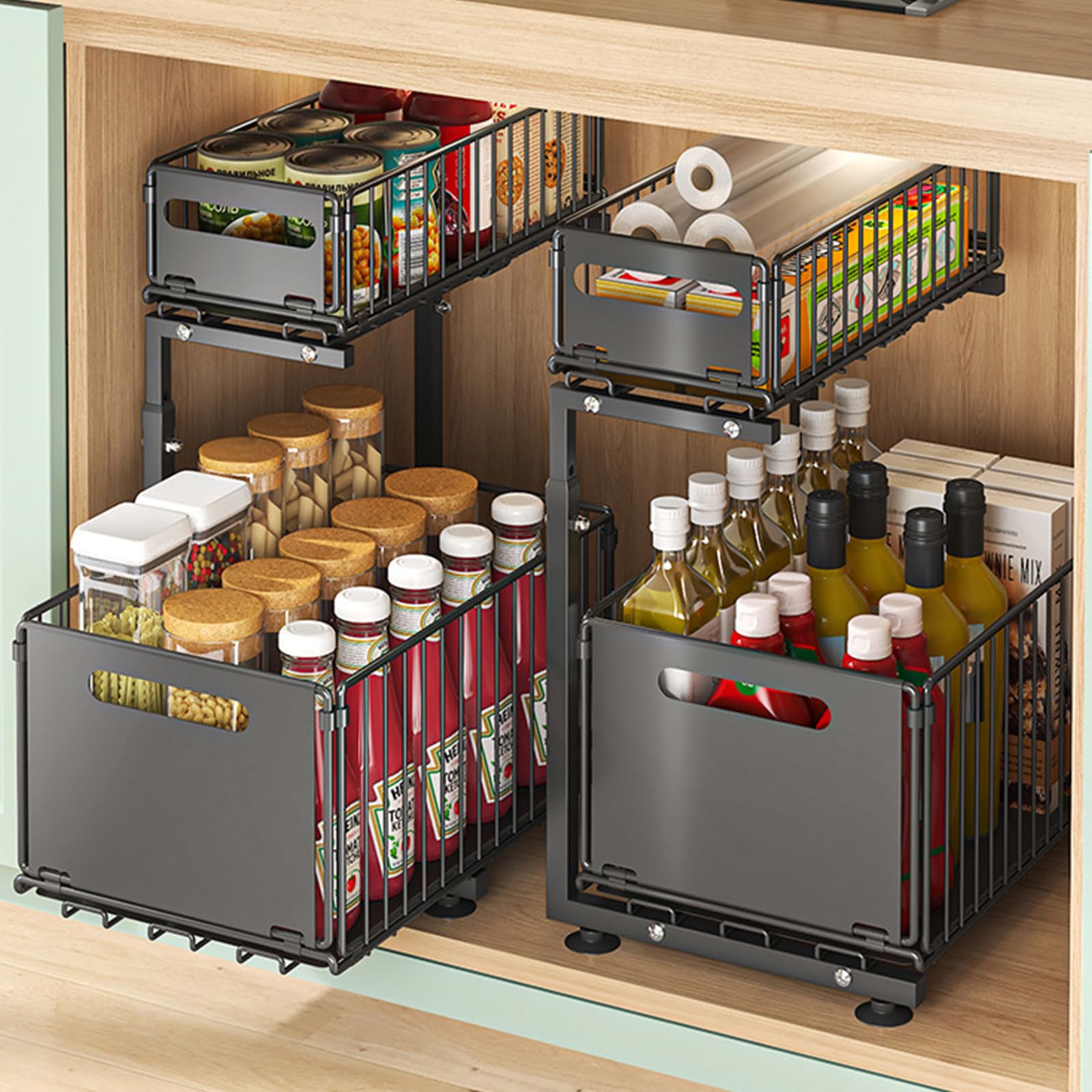 Under Sink Organizer, 2-Tier Metal Storage Rack with Pull Out Drawers